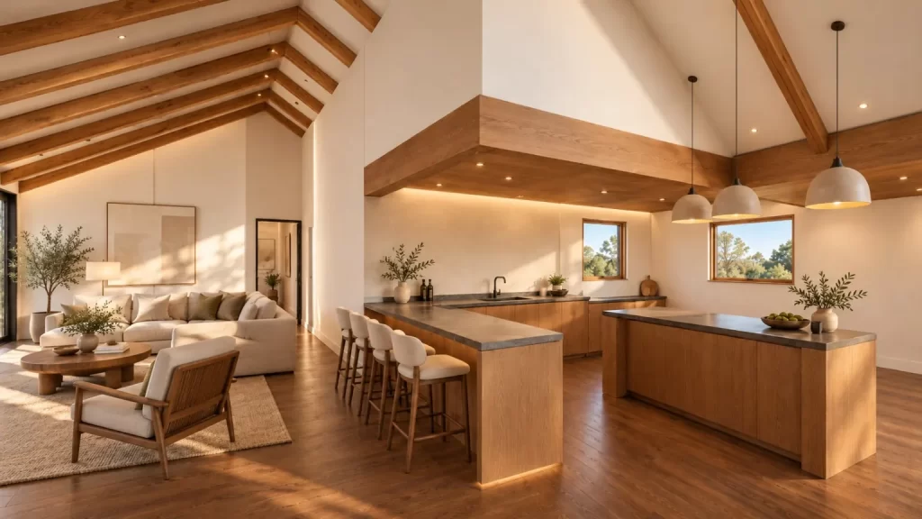 Render arquitectónico de cocina abierta, comedor y vigas de madera