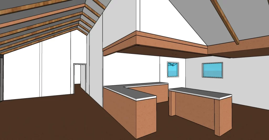 Render conceptual de proyecto de interior con cubierta inclinada